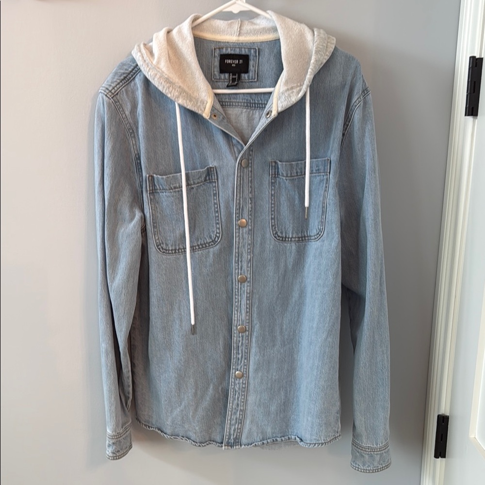 Forever 21 Blue Lightweight Shirt Jacket with Hood